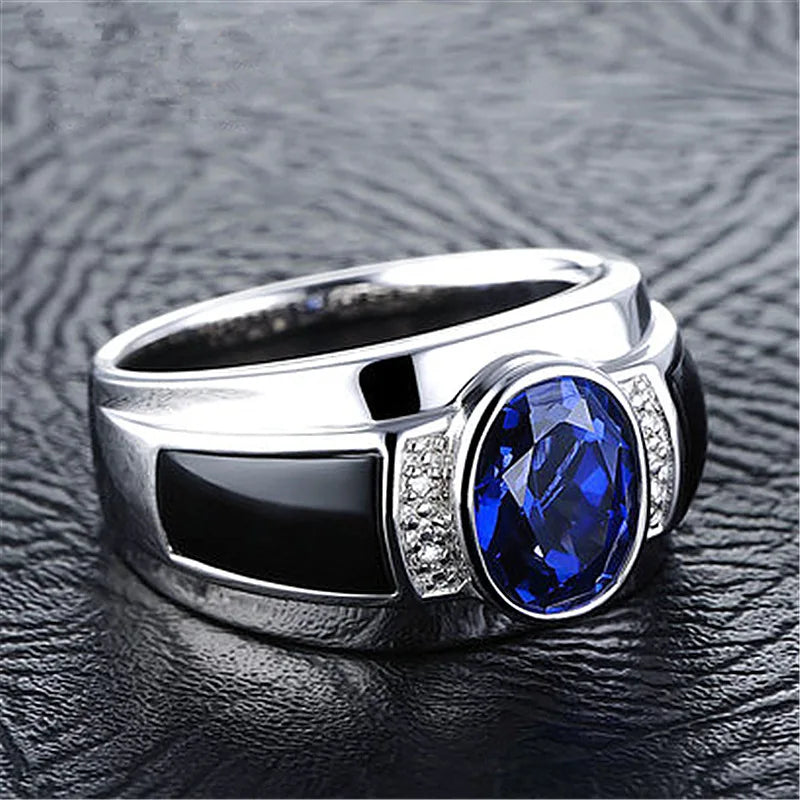 Trendy 925 Sterling Silver Ring For Men Engagement Accessories Cool Crystal Blue Ocean Oval Ring Adjustable Male Jewelry Gift