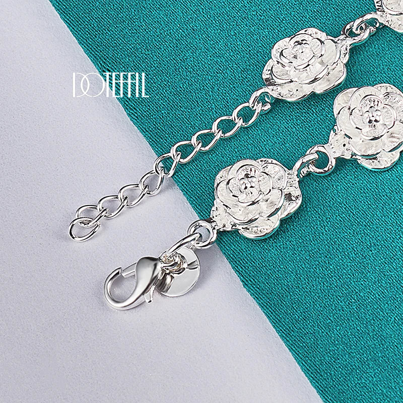 925 Sterling Silver Full Rose Flower Chain Bracelet For Women Wedding Engagement Party Fashion Charm Jewelry