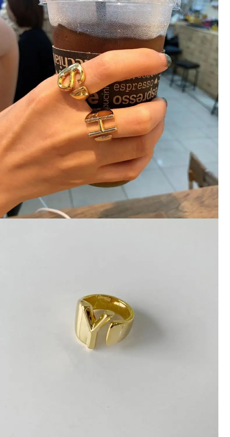 Neo Goth European and American Exaggerated Metal Letter Gold Color Rings For Woman Korean Fashion Jewelry Girl's Set Accessories