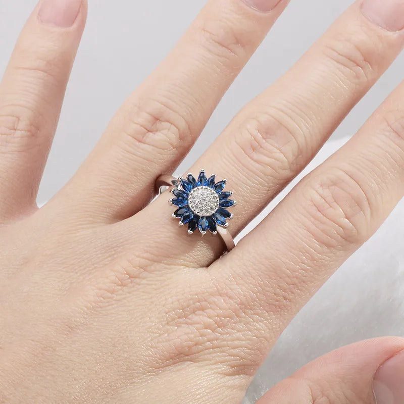 Cellacity Trendy Silver 925 Ring for Women Gemstones Fine Jewelry Sunflower Sapphire Zircon Blue Female Dating Ring Korean Style