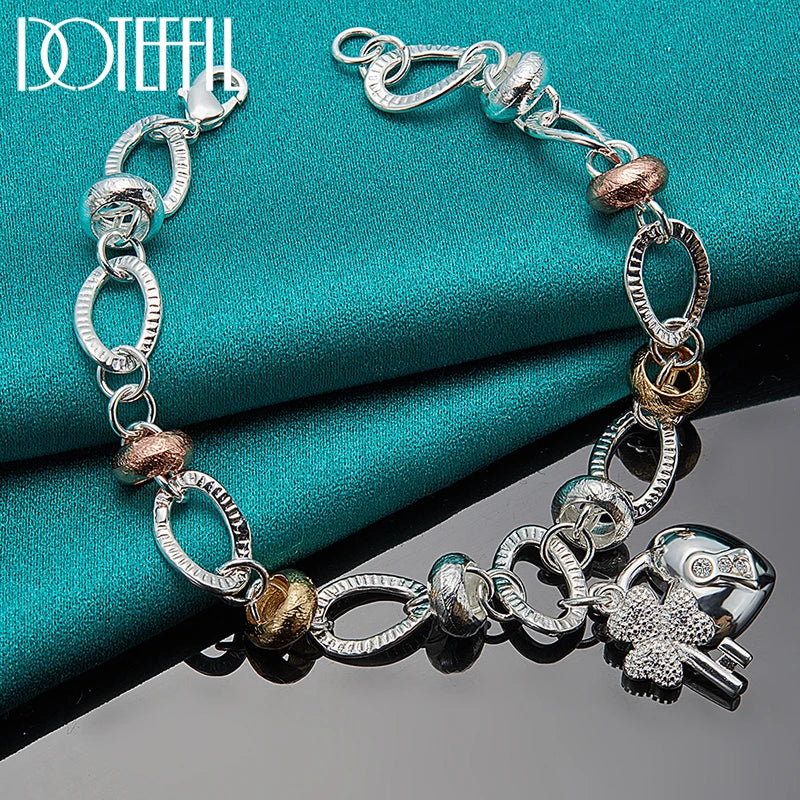 925 Sterling Silver Heart Lock Clover Flower Zircon Bracelet Chain For Women Wedding Engagement Charm Jewelry