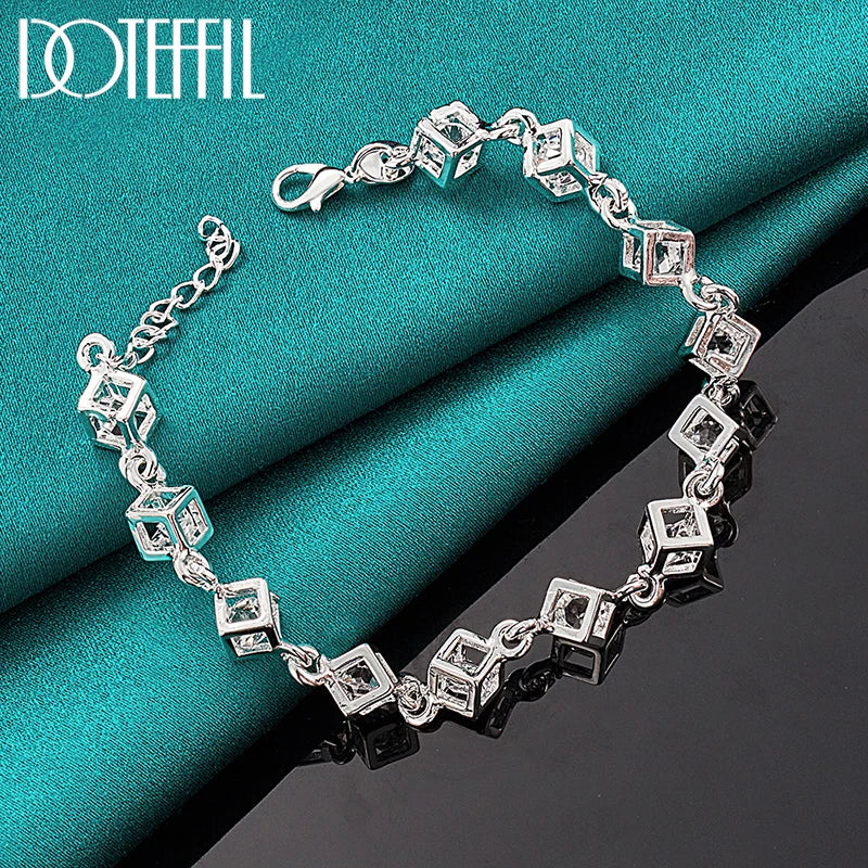 925 Sterling Silver Square Zircon Chain Bracelet For Women Wedding Engagement Party Fashion Jewelry