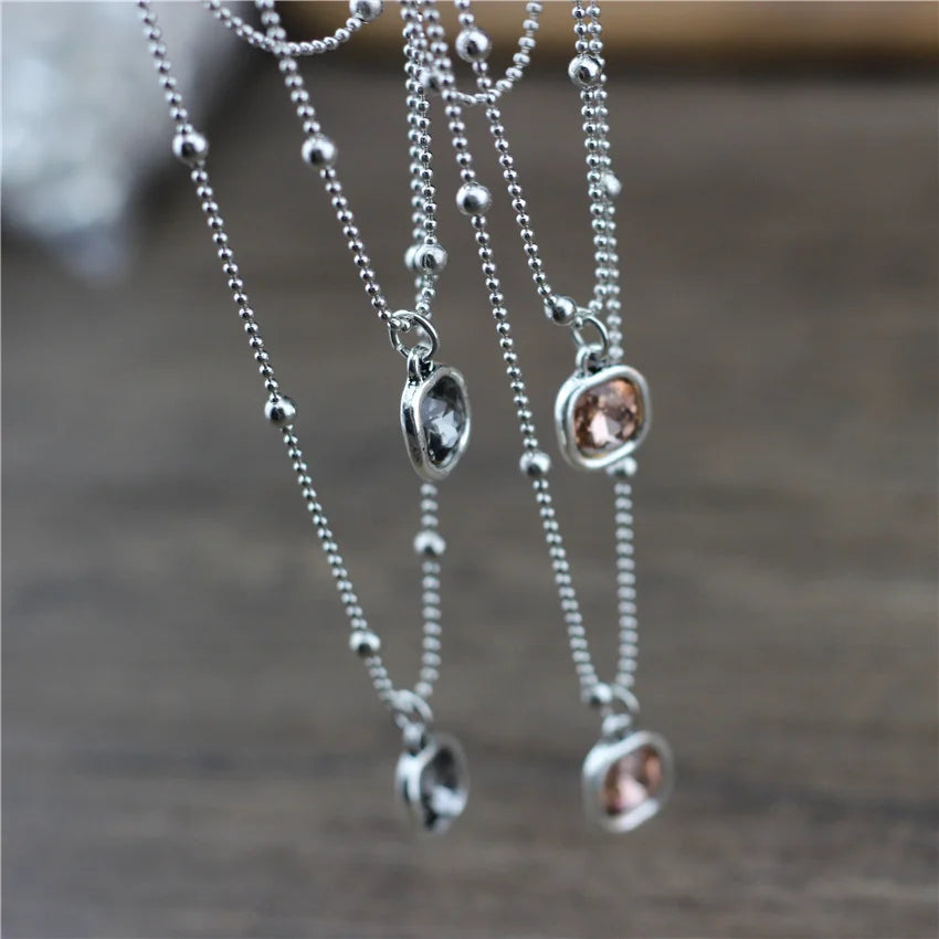 New Design Silver Color Beads Chain Long Necklace Women Multilayer Square Crystal Pendant Choker Jewelry Girls