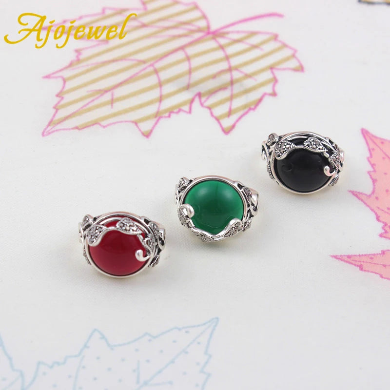 Vintage CZ Leaf Design Jewelry Set With Green/Red/Black Resin Stone For Women Luxury Birthday Gift For Party