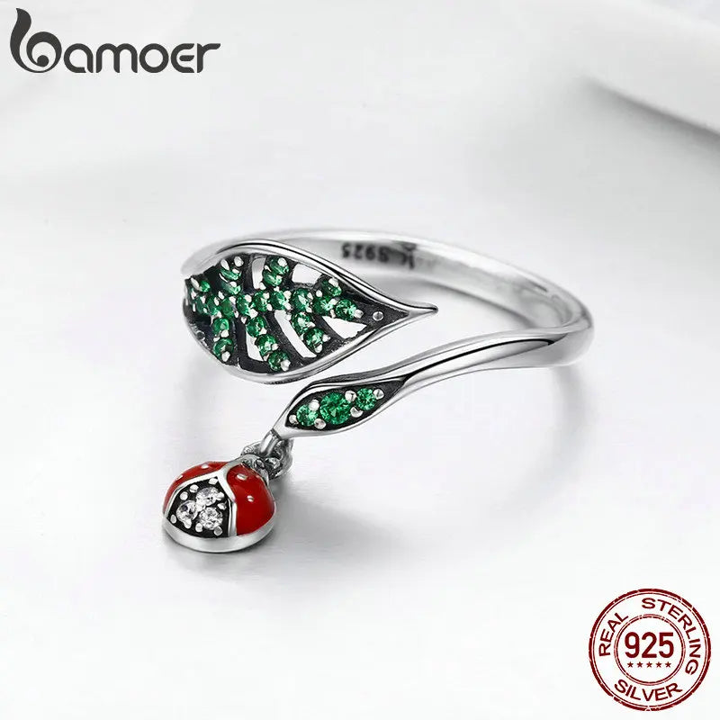 BAMOER 925 Sterling Silver Resting Ladybug Dangle in Tree Leaves Finger Rings for Women Sterling Silver Jewelry Gift