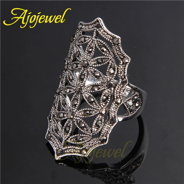 Bijoux Anel De Formatura Fashion Hollow Out Snowflake Black Crystal Big Rings For Women