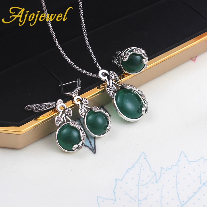 Vintage CZ Leaf Design Jewelry Set With Green/Red/Black Resin Stone For Women Luxury Birthday Gift For Party