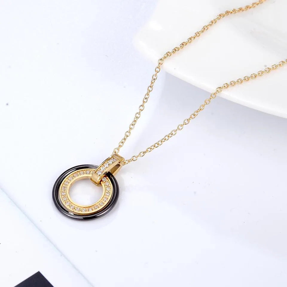 Fashion Jewelry Simple Black Ceramic Circle Crystal Pendant Necklaces With Women's Stainless Steel Circles Necklace & Pendants