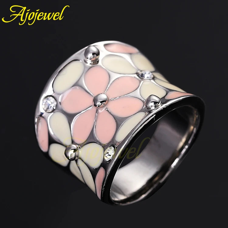 Brand Scarves Buckle Beautiful Silver Color White & Black/ Pink Enamel Women Rings Flower With Crystal