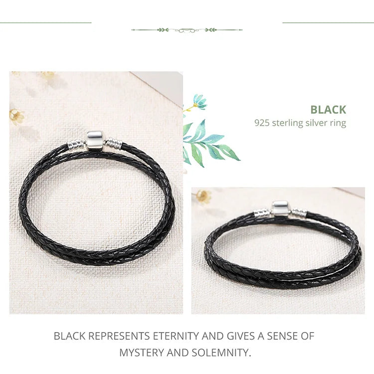 Genuine Long Double Pink Black Braided Leather Chain Women Bracelets with 925 Sterling Silver Snake Clasp