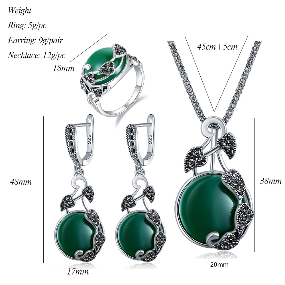 Vintage CZ Leaf Design Jewelry Set With Green/Red/Black Resin Stone For Women Luxury Birthday Gift For Party