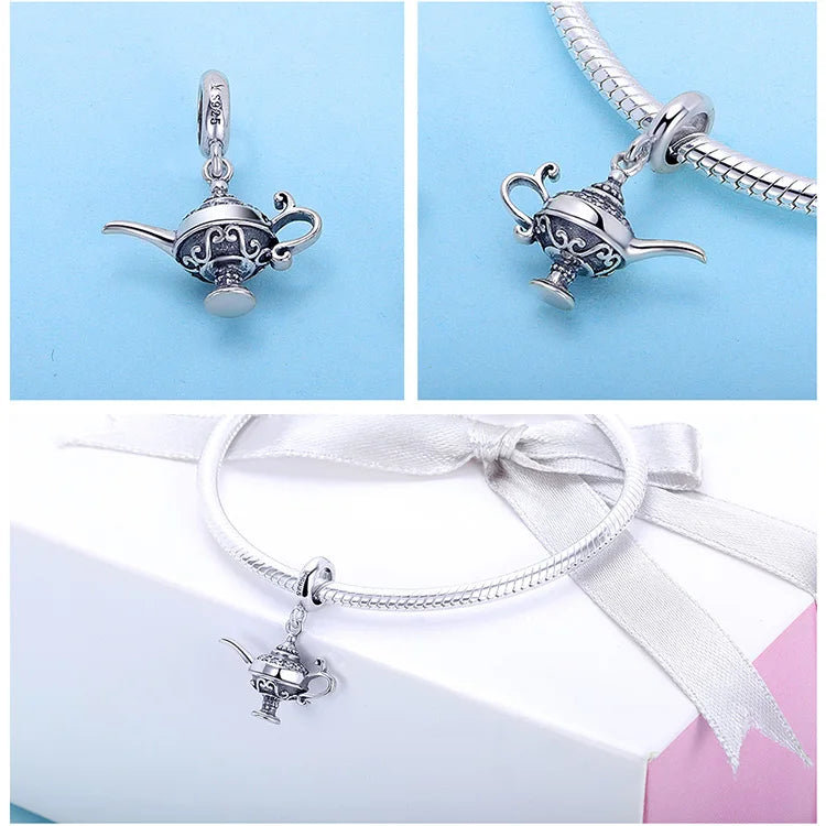 BAMOER Authentic 100% 925 Sterling Silver Aladdin's Magic Lamp Charm fit Women Bracelet & Necklaces DIY Jewelry Making SCC703