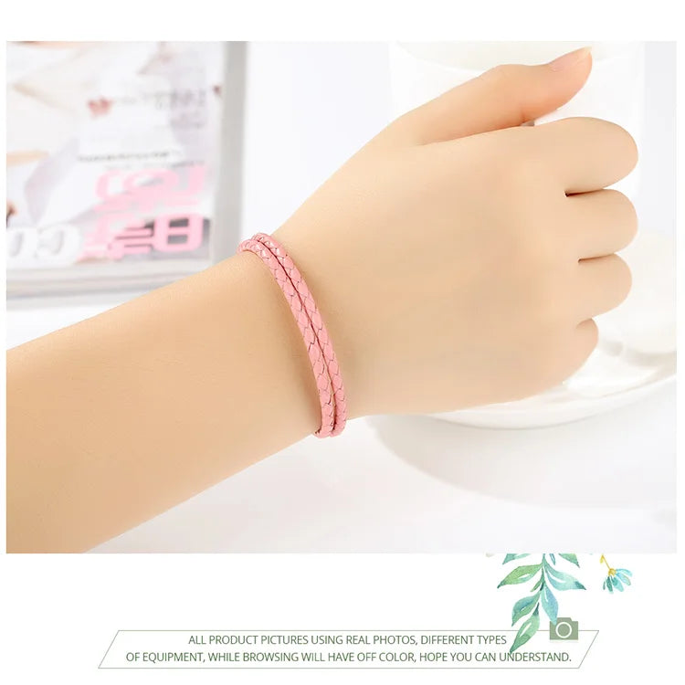 Genuine Long Double Pink Black Braided Leather Chain Women Bracelets with 925 Sterling Silver Snake Clasp