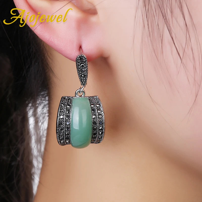 Original Designer Antique Silver Color Women Jewelry Set Geometric Green Stone Ring Necklace And Earrings Sets