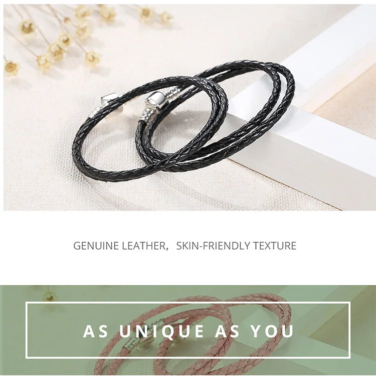 Genuine Long Double Pink Black Braided Leather Chain Women Bracelets with 925 Sterling Silver Snake Clasp