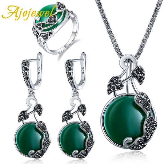 Vintage CZ Leaf Design Jewelry Set With Green/Red/Black Resin Stone For Women Luxury Birthday Gift For Party