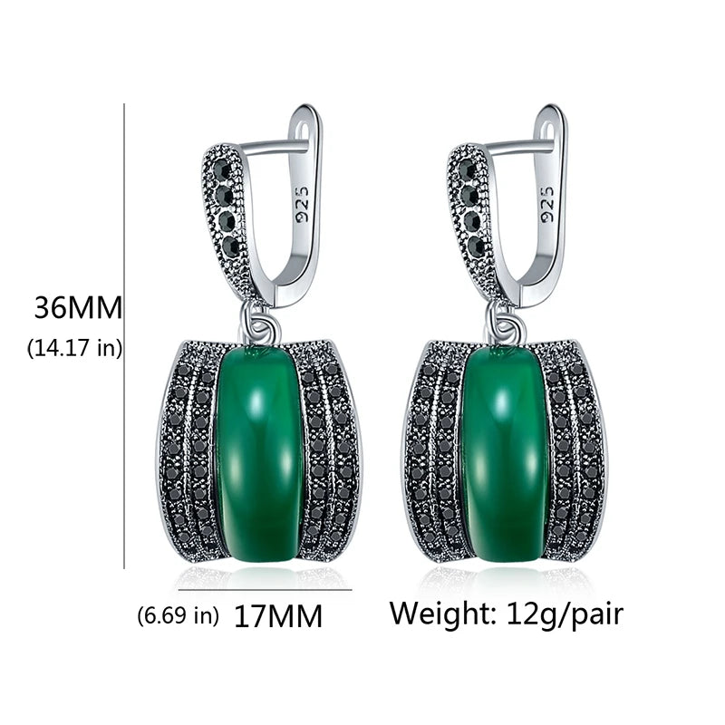 Classic Dark Green Stone Ring Earrings Set High Quality Vintage Jewelry Women's Party Gift HOT