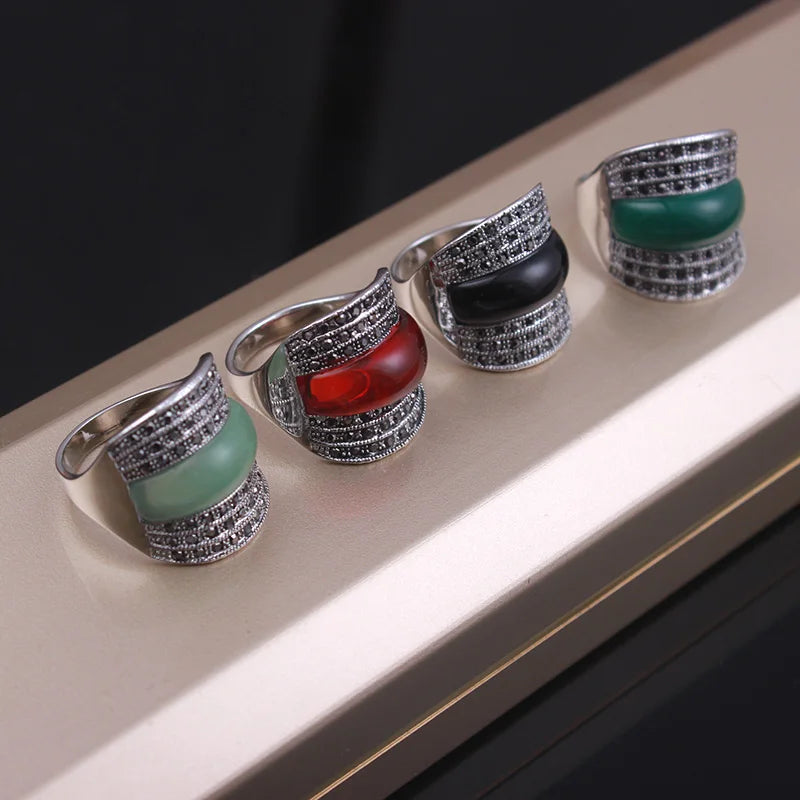 Classic Dark Green Stone Ring Earrings Set High Quality Vintage Jewelry Women's Party Gift HOT