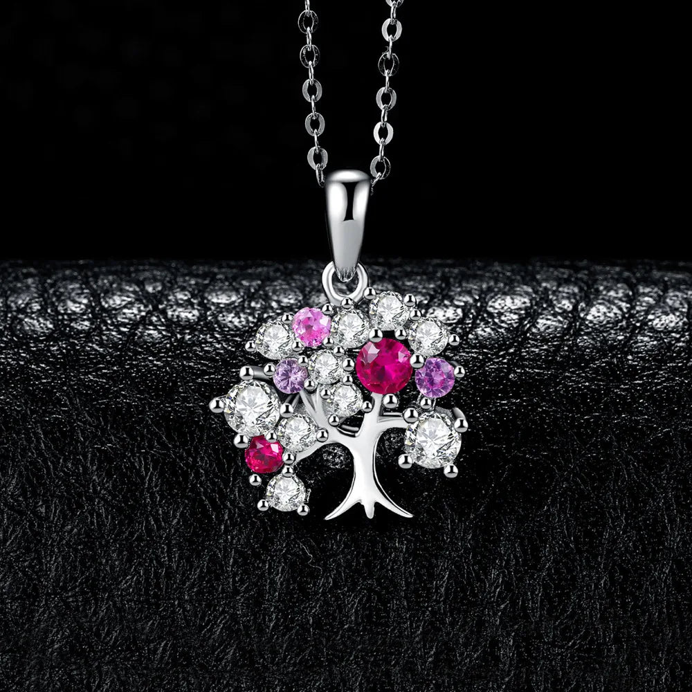 JewelryPalace Life Tree Created Ruby 925 Sterling Silver Pendant Necklace for Women Statement Gemstone Jewelry Choker No Chain