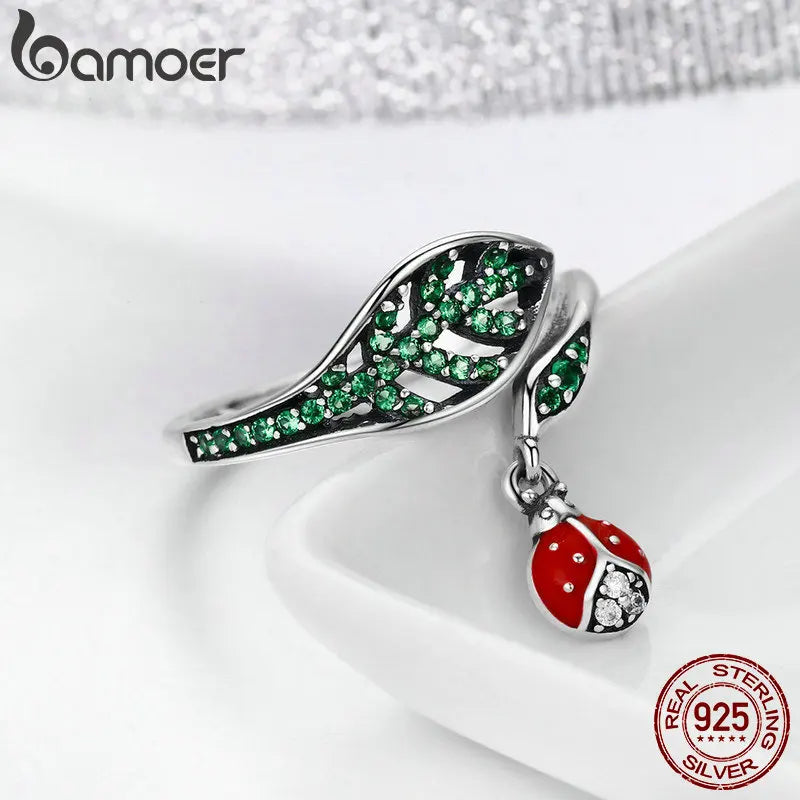 BAMOER 925 Sterling Silver Resting Ladybug Dangle in Tree Leaves Finger Rings for Women Sterling Silver Jewelry Gift