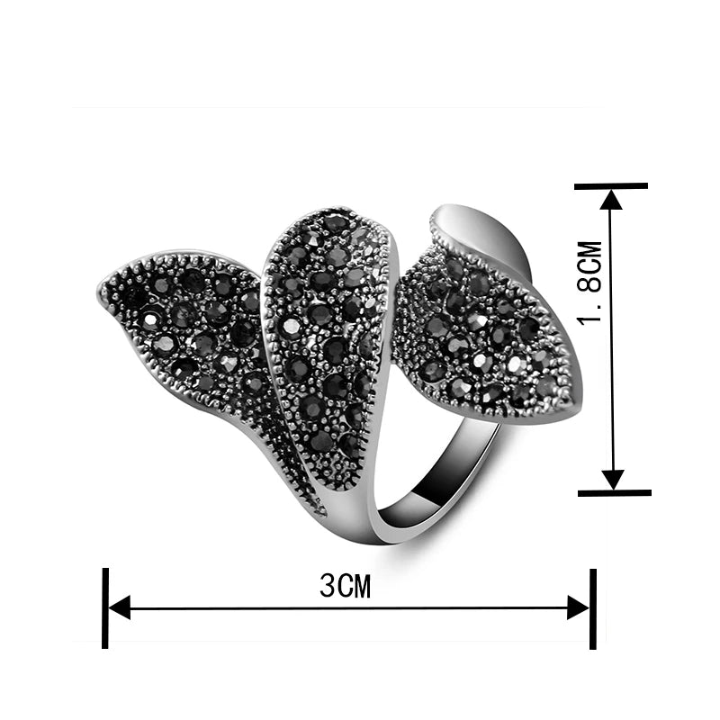 Vintage Three Leaves Retro Ring Women Black Rhinestones Ladies Jewelry Special Gift Bague