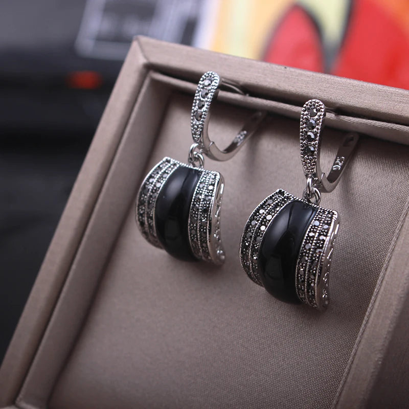 Classic Dark Green Stone Ring Earrings Set High Quality Vintage Jewelry Women's Party Gift HOT