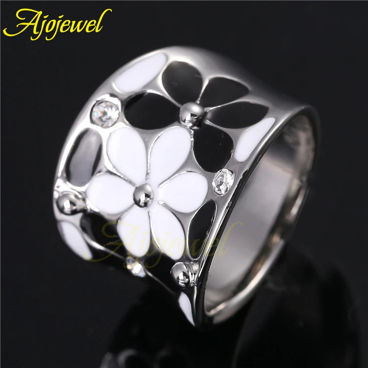 Brand Scarves Buckle Beautiful Silver Color White & Black/ Pink Enamel Women Rings Flower With Crystal