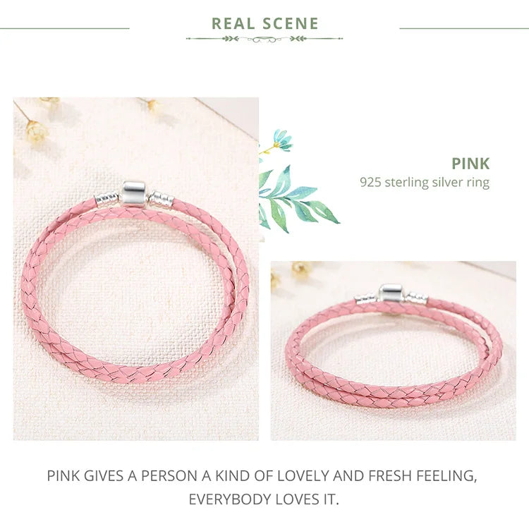 Genuine Long Double Pink Black Braided Leather Chain Women Bracelets with 925 Sterling Silver Snake Clasp