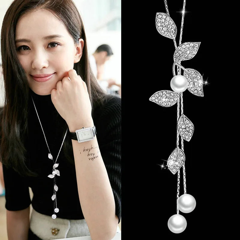 Classic White Simulated-pearl Leaf Drop Necklaces & Pendants For Women Long Shopping Party Anniversary Jewelry Accessories