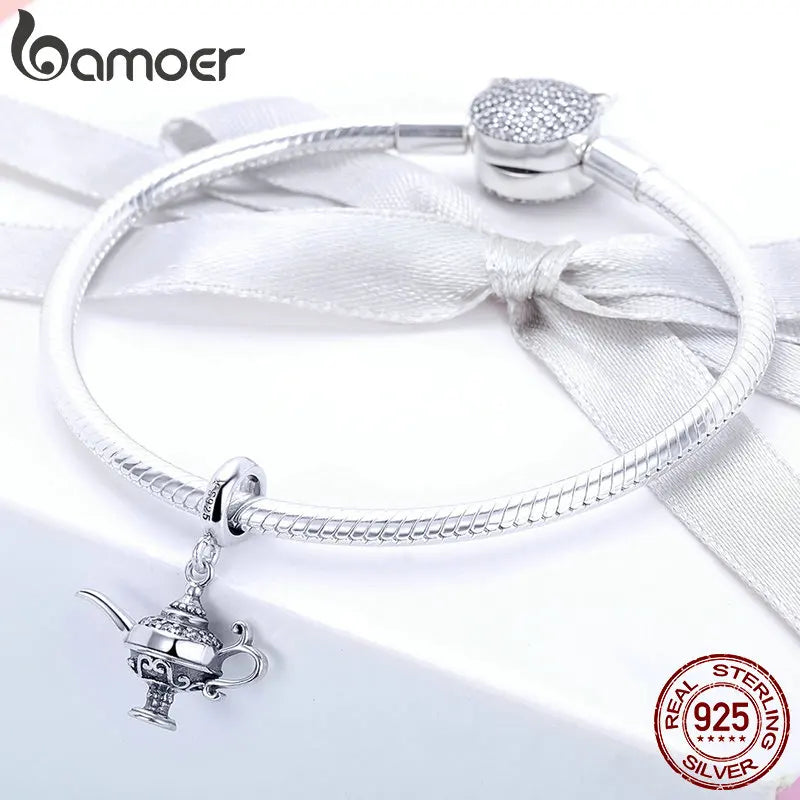 BAMOER Authentic 100% 925 Sterling Silver Aladdin's Magic Lamp Charm fit Women Bracelet & Necklaces DIY Jewelry Making SCC703