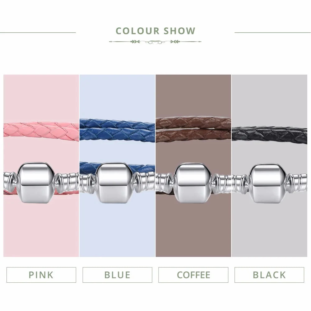 Genuine Long Double Pink Black Braided Leather Chain Women Bracelets with 925 Sterling Silver Snake Clasp