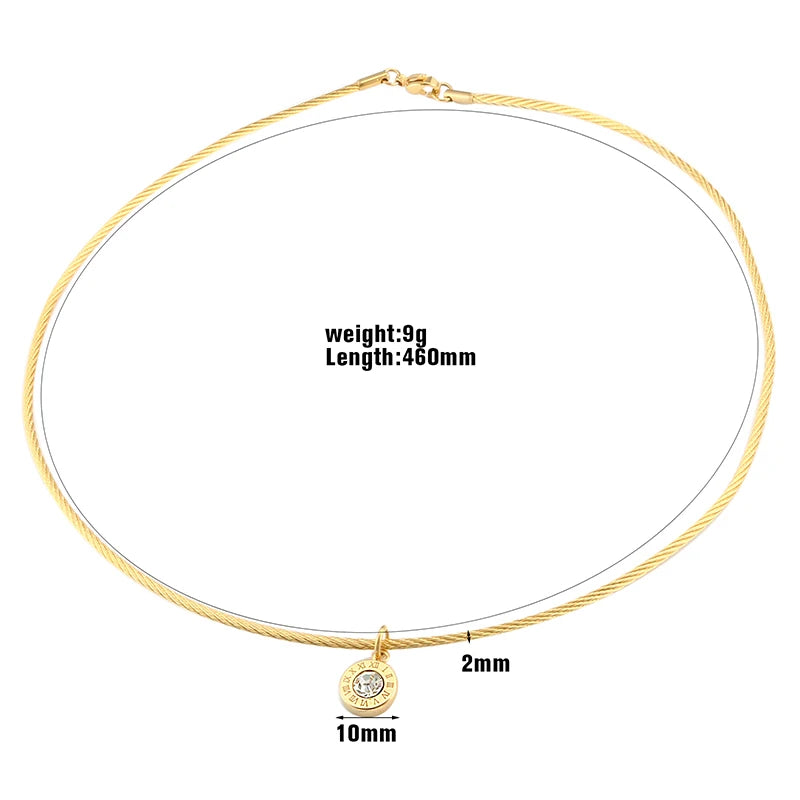 MSX Simple Stainless Steel Necklace Gold Color Wire Chain Necklace Roman Numerals Small Round Zircon Pendant Necklace For Women