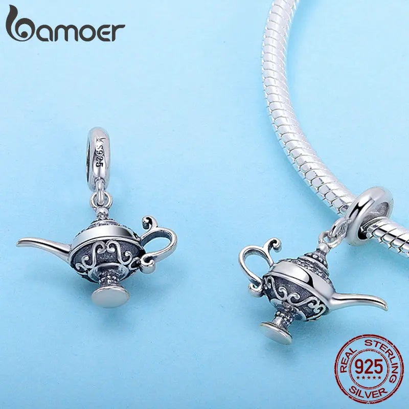 BAMOER Authentic 100% 925 Sterling Silver Aladdin's Magic Lamp Charm fit Women Bracelet & Necklaces DIY Jewelry Making SCC703