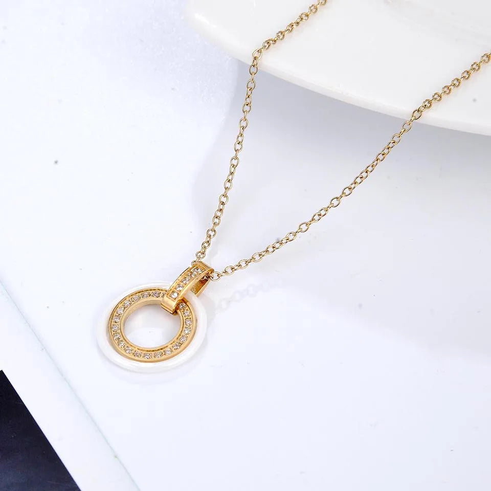 Fashion Jewelry Simple Black Ceramic Circle Crystal Pendant Necklaces With Women's Stainless Steel Circles Necklace & Pendants