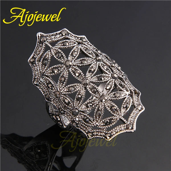 Bijoux Anel De Formatura Fashion Hollow Out Snowflake Black Crystal Big Rings For Women