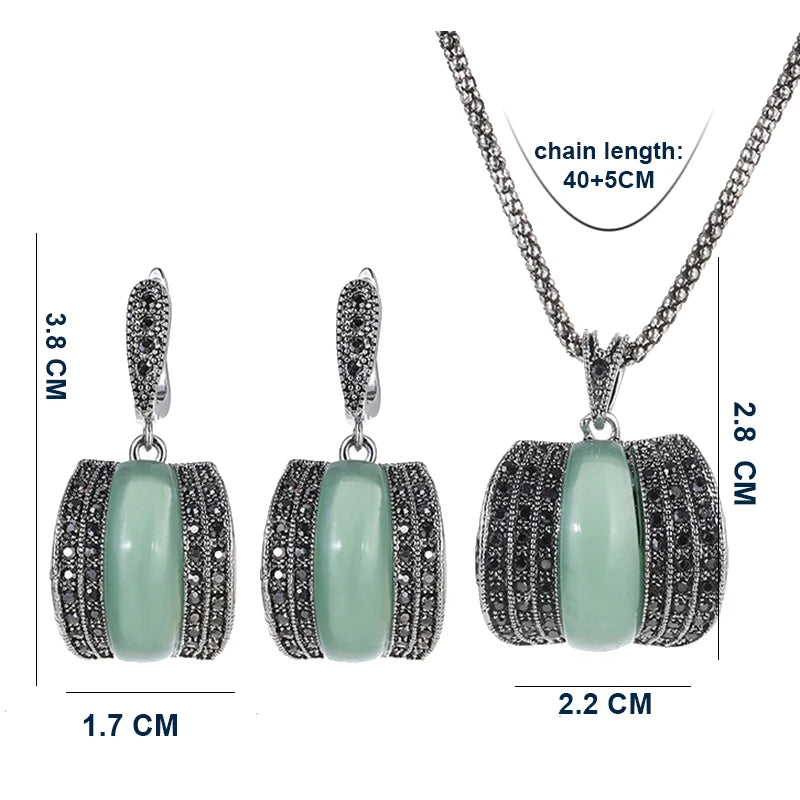 Original Designer Antique Silver Color Women Jewelry Set Geometric Green Stone Ring Necklace And Earrings Sets