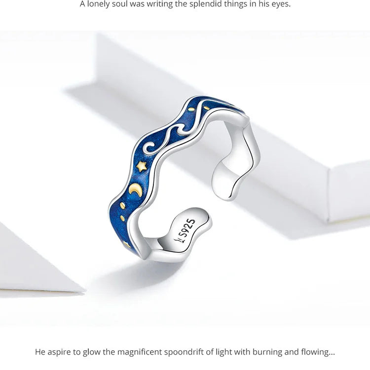 Sterling Silver 925 Lover Rings for Couple Blue Starry Sky of Van Gogh Open Finger Ring Design Jewelry Accessories