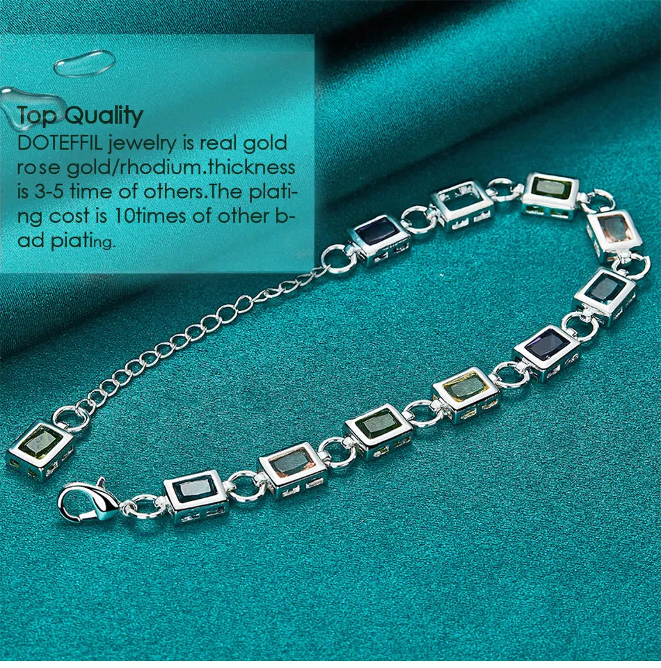 925 Sterling Silver Square inlaid With Multi-color Zircon Bracelet Chain For Woman Engagement Party Wedding Jewelry