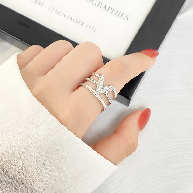 Trendy Letter V Design Crystal Zircon Engagement Rings For Women Female Wedding Jewelry Accessories Gift Women Open Rings