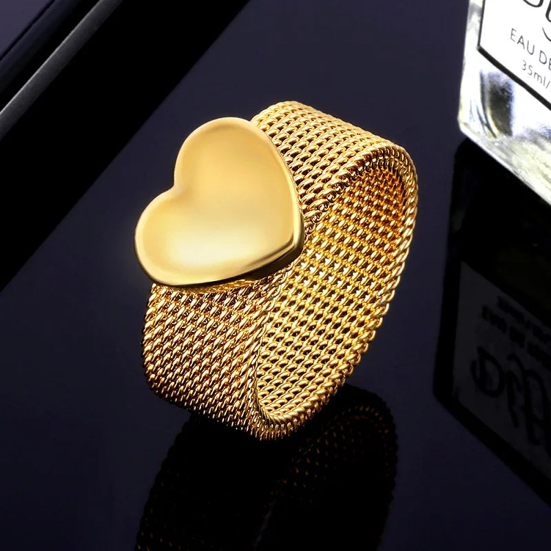 Fashion Love Heart Mesh Rings Charm Reticulate Shiny Stainless Steel Round OL Finger Ring For Women Wedding Party Jewelry