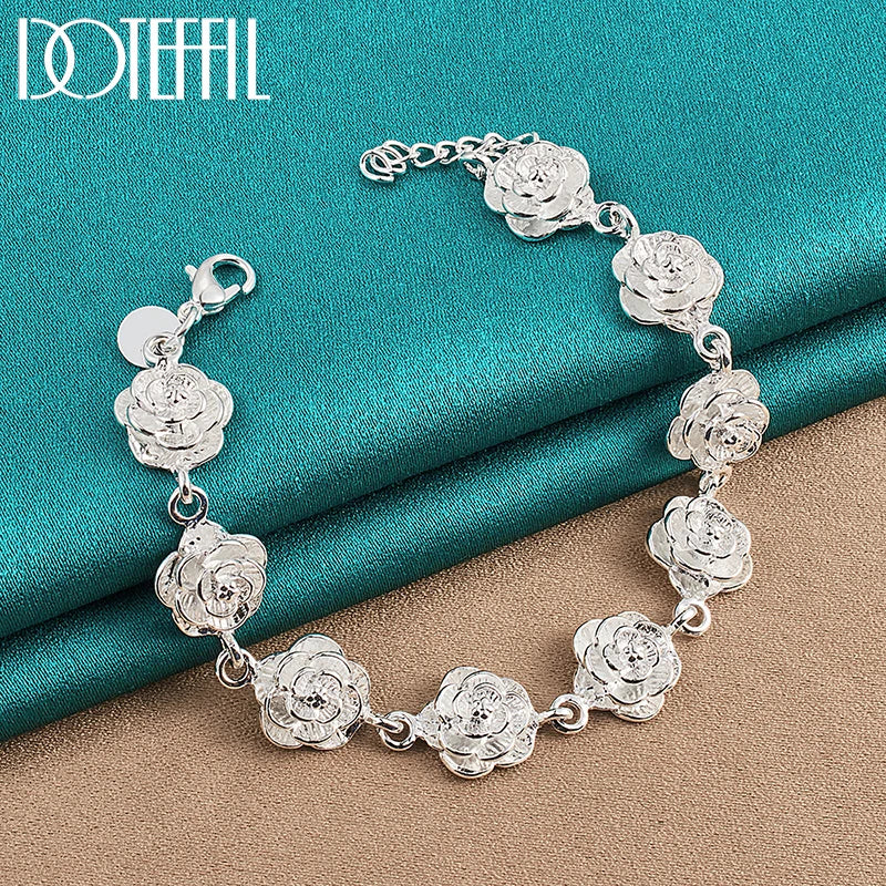 925 Sterling Silver Full Rose Flower Chain Bracelet For Women Wedding Engagement Party Fashion Charm Jewelry