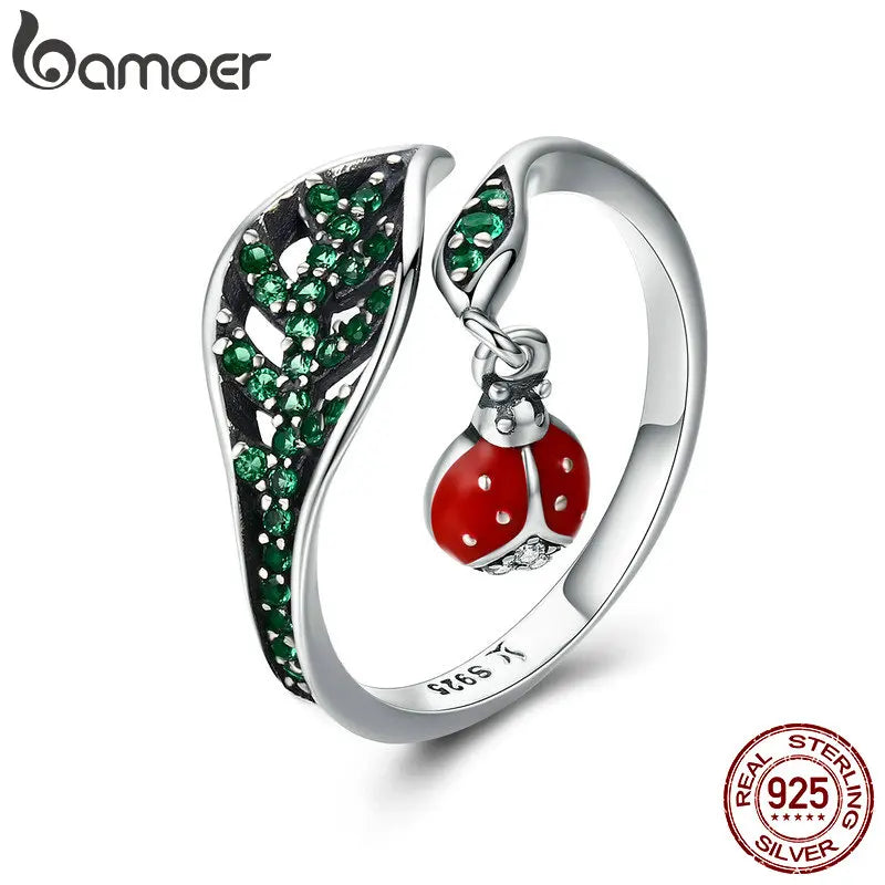 BAMOER 925 Sterling Silver Resting Ladybug Dangle in Tree Leaves Finger Rings for Women Sterling Silver Jewelry Gift