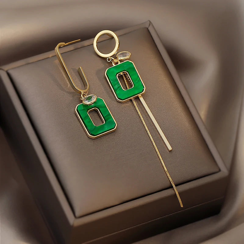 New Asymmetric Green Square Tassel Long Earrings Korean Design Jewelry Girls Fashion Accessories Drop Earrings For Woman