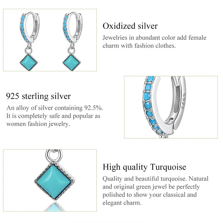 Vintage 925 Sterling Silver Ear Buckles Simple Tugquoise Pendant Drop Earrings for Women Fine Jewelry Beach Party Gift