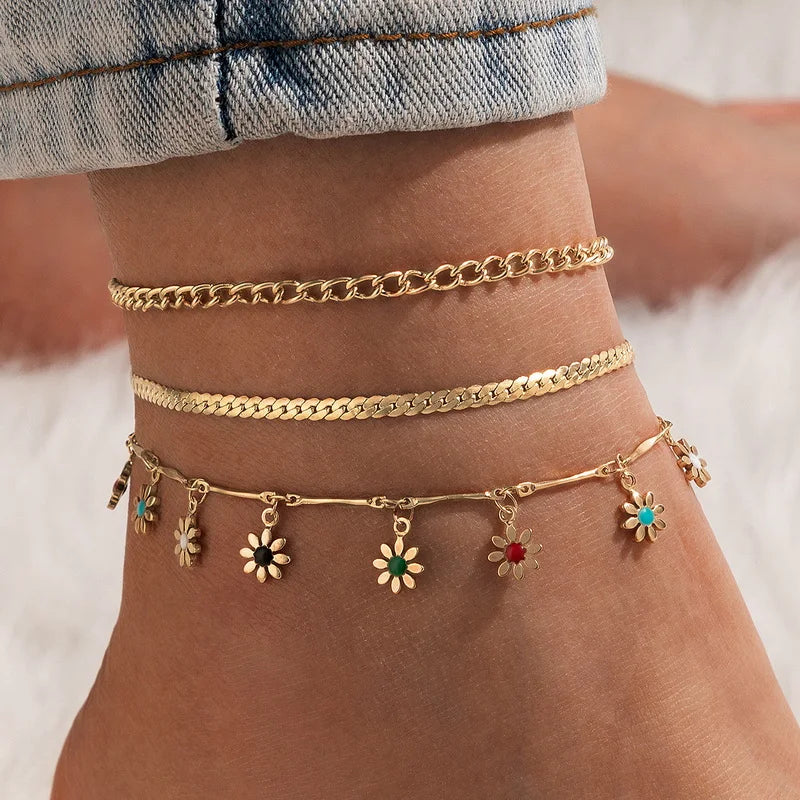 Bohemian Colorful Turkish Eyes Anklets for Women Butterfly Flower Zircon Shell Cat Ankle Bracelet Summer Beach Foot Leg Jewelry