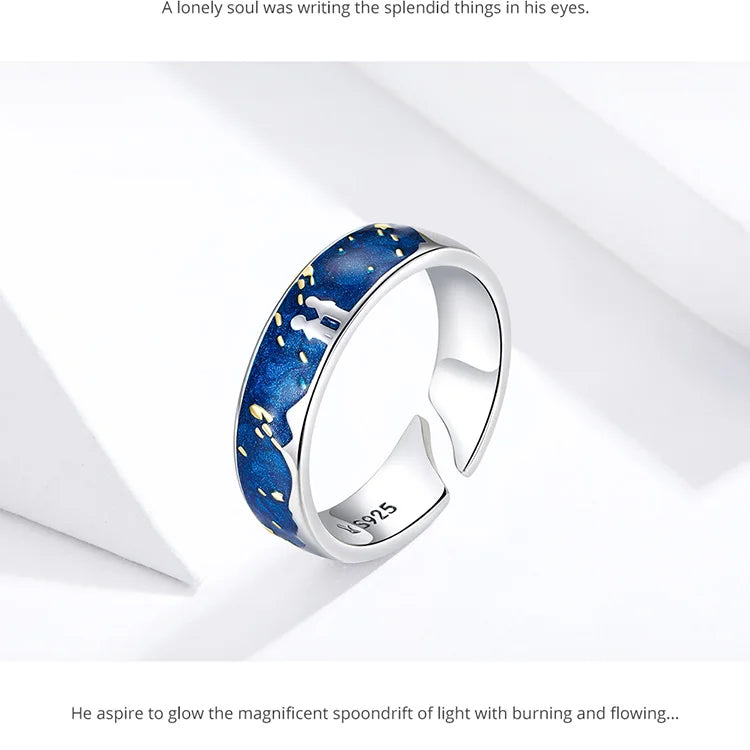 Sterling Silver 925 Lover Rings for Couple Blue Starry Sky of Van Gogh Open Finger Ring Design Jewelry Accessories