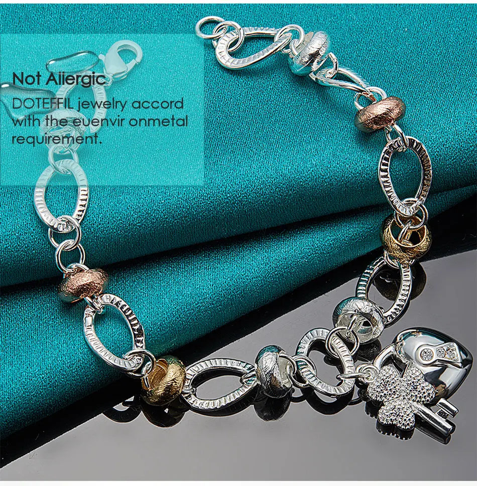 925 Sterling Silver Heart Lock Clover Flower Zircon Bracelet Chain For Women Wedding Engagement Charm Jewelry