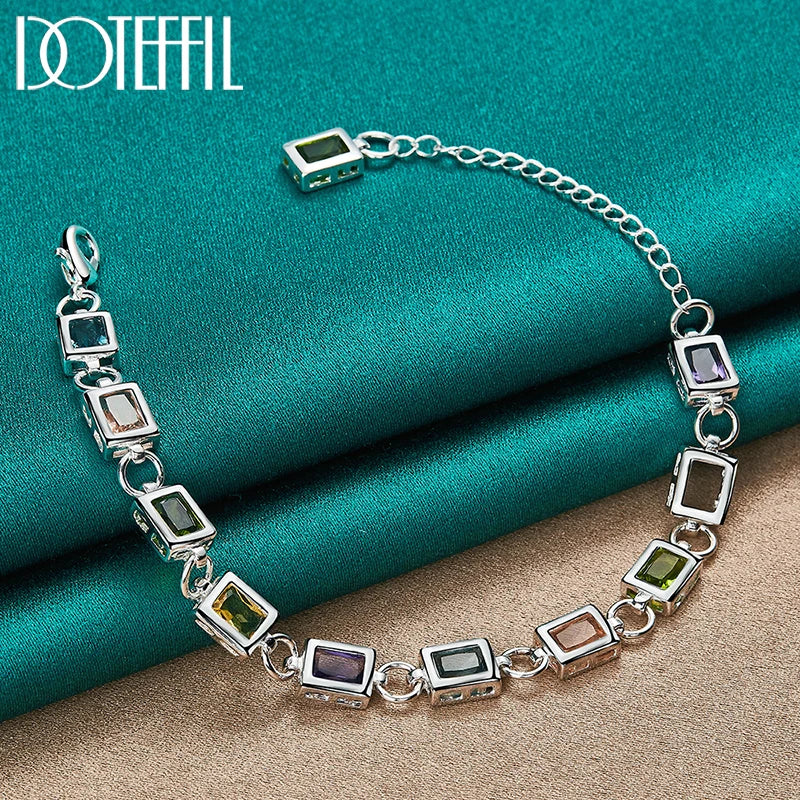 925 Sterling Silver Square inlaid With Multi-color Zircon Bracelet Chain For Woman Engagement Party Wedding Jewelry