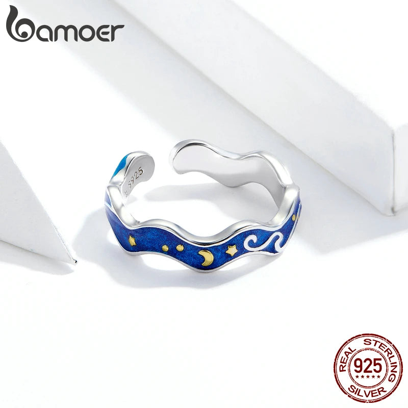 Sterling Silver 925 Lover Rings for Couple Blue Starry Sky of Van Gogh Open Finger Ring Design Jewelry Accessories