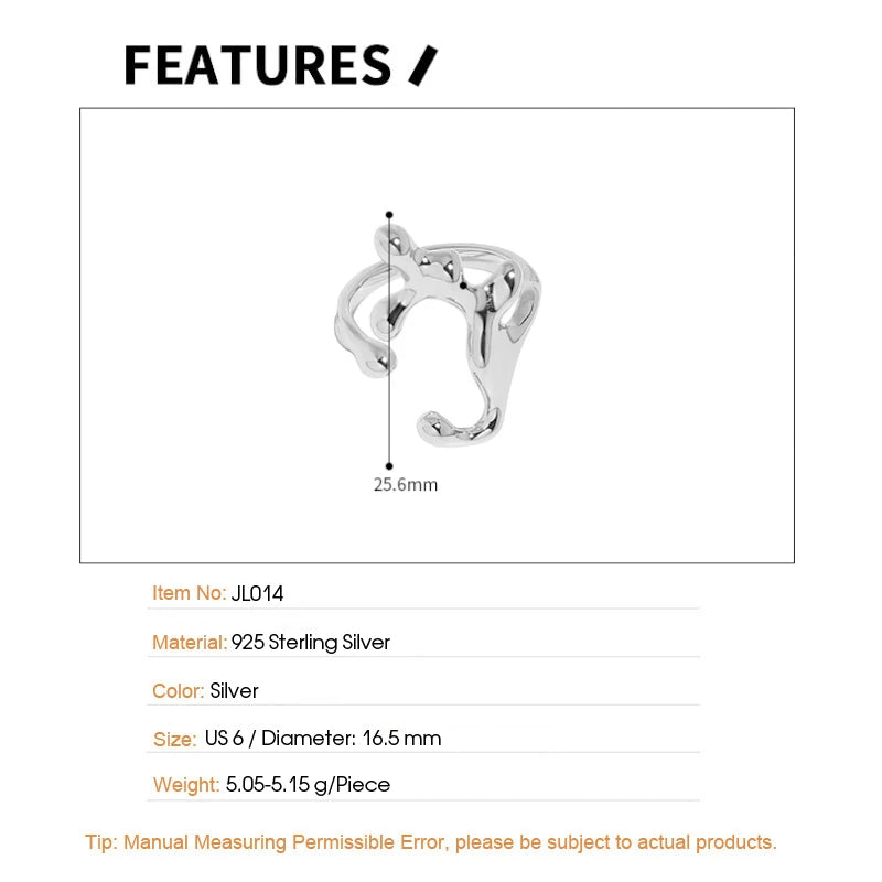 F.I.N.S Glossy Irregular S925 Sterling Silver Open Ring Smooth Branch Resizable Wedding Rings for Women Men Finger Jewelry